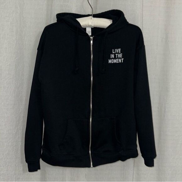 Tillys XS Black White Cotton Unique Live in the Moment Print Full Zip Hoodie - Picture 5 of 14